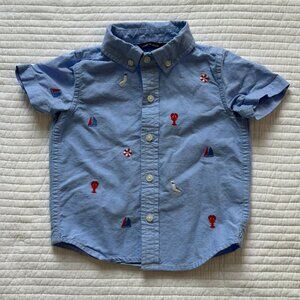 Janie and Jack Boys Button Down Shirt Nautical Embroidered Blue 18-24 Months